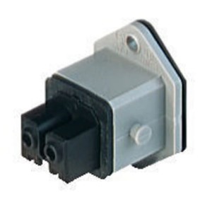STAKEI 200, Rectangular Receptacle Power Connector (ST Series): Female, front mount with flange with coding slot, 2-pin+PE, grey housing, 230 V AC/DC, 16 A AC/6 A DC, Hirschmann