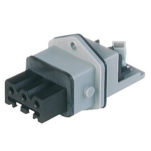 STAKEI 3 N, Rectangular Receptacle Power Connector (ST Series): Female, front mount with flange, 3-pin+PE, grey housing, 400 V AC / 230 V DC, 16 A AC/10 A DC, Hirschmann