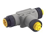 0906 UTP 301, DeviceNet Splitter/T-connector, with one 7/8 female, one 7/8 inch male, and one 7/8 inch female connectors, 5-poles, overmold color grey (standard)., Lumberg Automation