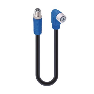 RST 4T-RKWT 4T-723/0,3 M,M12 Power Double-Ended Cordset: Male straight to female angled, 4-pin, T-coded, blue body, 50 V AC/60 V DC, 16 A; PUR black cable, 1.50 mm², Lumberg Automation