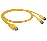 AKB 2-RST 3-602/1 M, M12 kabel konfekcjonwany-rozdzielacz, obustronnie zakończony, M12-duo, żeńskie złącze proste i dwa M12, męskie złącza proste z samoblokującym połączemiem gwintowanym, żółty kabel formowany PUR 18, Lumberg Automation