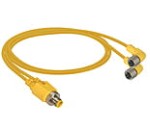 ASB 2-RKWT 4-3-637/10 M, M12 kabel konfekcjonwany-rozdzielacz, obustronnie zakończony, M12-duo, męskie proste do dwóch M12, żeńskie złącze kątowe z samoblokującym połączemiem gwintowanym, żółty formowany kabel TPE 18, Lumberg Automation
