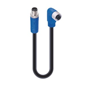 RST 4S-RKWT 4S-733/10 M,M12 Power Double-Ended Cordset: Male straight to female angled, 4-pin(3+PE), S-coded, blue body, 600 V AC/DC, 16 A; PVC black cable, 1.50 mm², Lumberg Automation