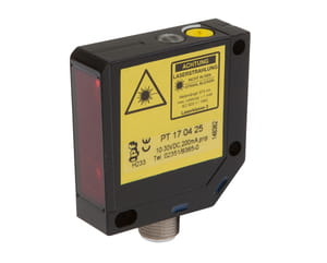 PT170425, laser sensor, housing 15, 4x50x50, Red light, VGA, 10-30VDC, 200mA, Sn:25-200, M12plug 4-pin, IPF ELECTRONIC