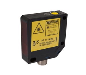 PT171420, Laser sensor,taplug er 15,4x50x50,red light,HGA, 10-30VDC,200mA,Sn:300,M12-plug4pol, IPF ELECTRONIC