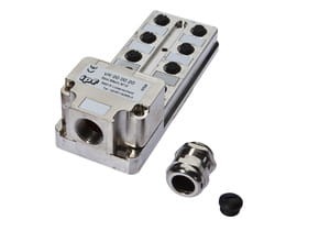 VK000020, rodzielacz Zn,5pol,8 gniazda,M12, Metall,dławik M20x1,5, IPF ELECTRONIC