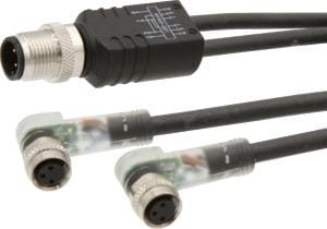 Y connection cable, 0.3m, 2x M8 Female (socket)  3pin Angular, 1x M12 Male (connector)