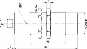IN305230, Czujnik indukcyjny M30x1, 5/80dł., 2pin, 20-250V AC/DC, 350mA, Sn:15, MC-wtyczka, IPF ELECTRONIC