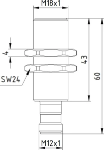 IB18E059,Inductive sensor, M18x1/60long,VA,IP69K,ECOLAB, 10-30V DC,200mA,pnp,no,Sn:8,M12-plug, IPF ELECTRONIC